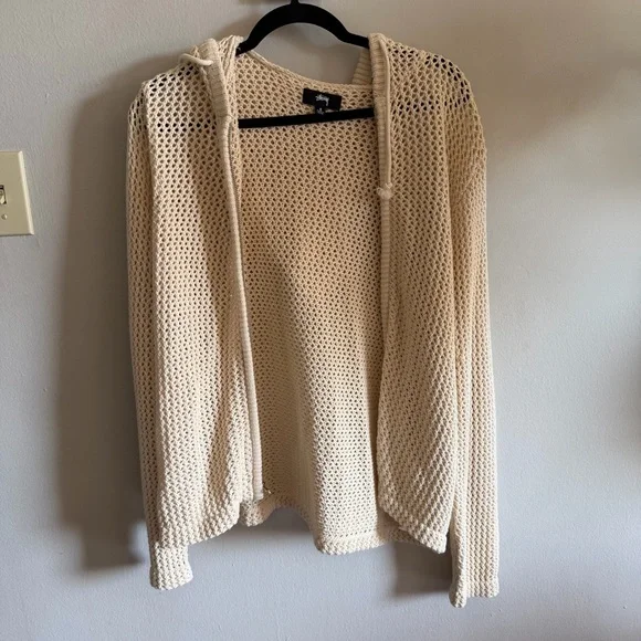 Stussy Cream Open-Weave Hooded Cardigan - Picture 1 of 3